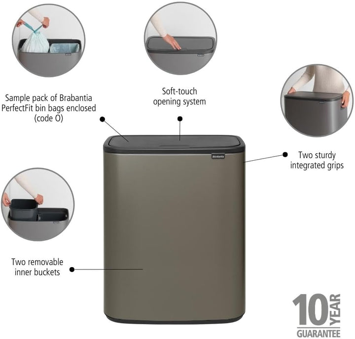 Brabantia Bo Touch Bin, 2 x 30L 2 Inneneimer (2 x 30L) Platinum, 2 Inneneimer (2 x 30L) Platinum