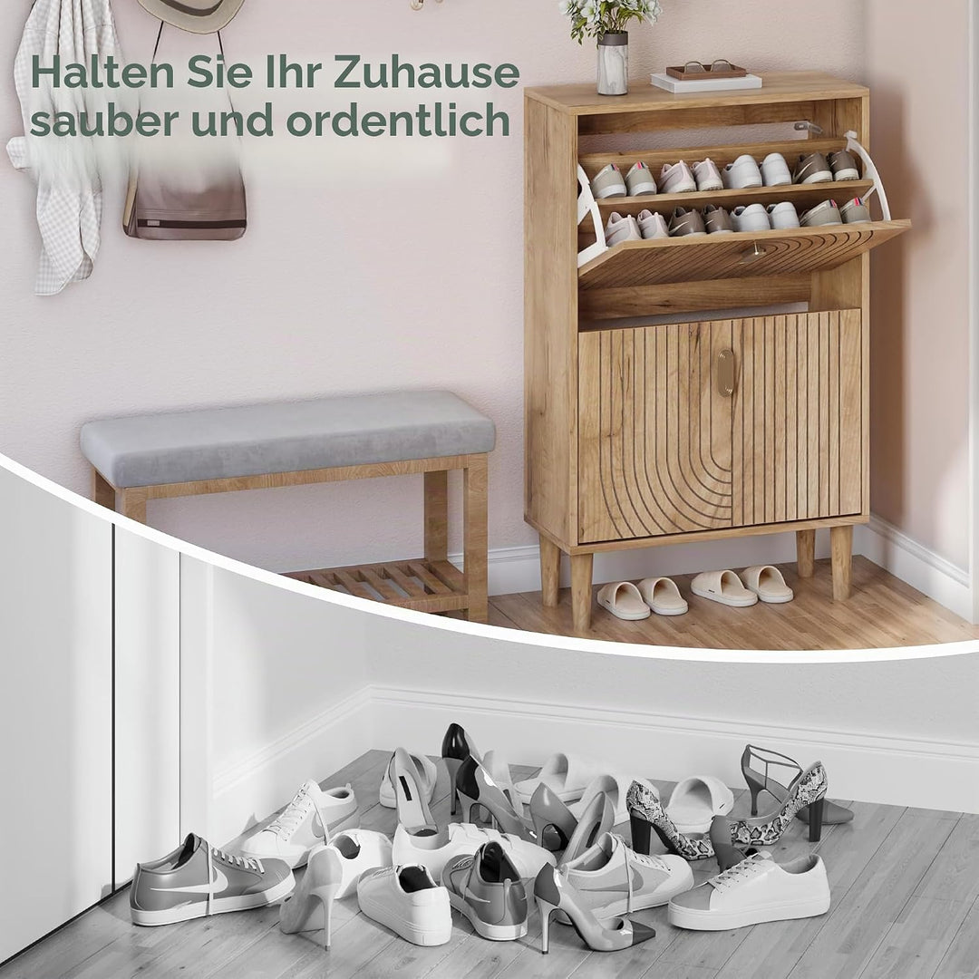 Smuxee Schuhschrank mit 2 Klappschubladen, 60 cm Eichen-Schuhaufbewahrungsschrank mit verstecktem De