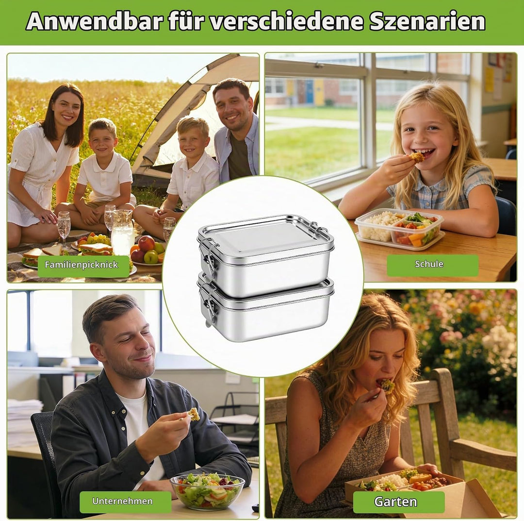 Edelstahl-Lebensmittelbehälter mit Deckel, 2 Stück Bento Box Lunchbox Trennwand und auslaufsicheren