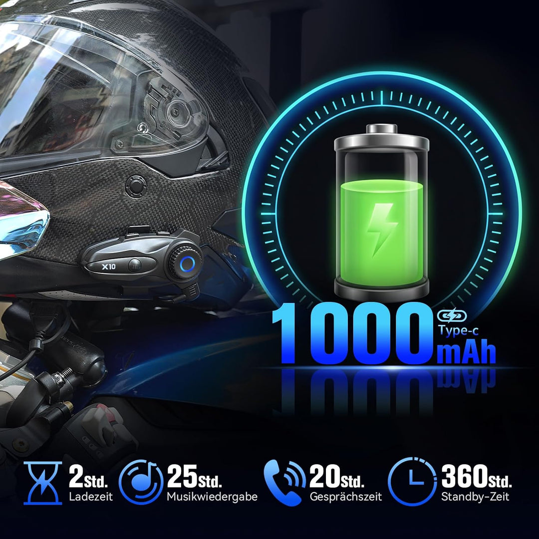 X10 Motorrad Headset Bluetooth, 3000m Mesh Helm Intercom 1-10 Fahrer | Mesh 3.0, Dual Qualcomm Bluet