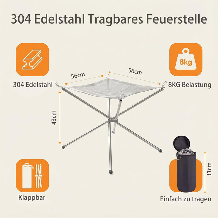 Edelstahl Feuerschale Faltbar Grossformatig 56cm mit tragbarer Tragetasche,zusammenklappbare Feuerst