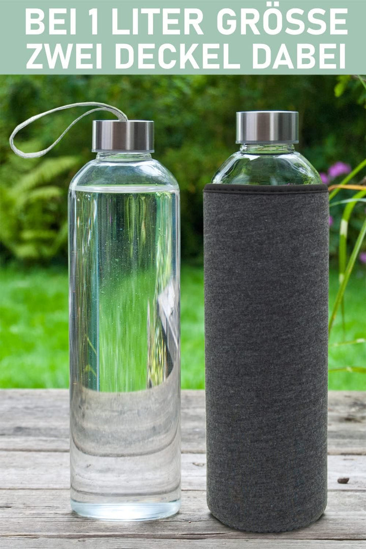 T&N Glasflasche 1 Liter / 750ml / 500ml – Trinkflasche Glas 1l mit Neoprenhülle – Wasserflasche Ausl