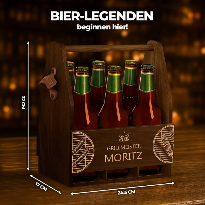 Maverton Bierträger für 6 Flaschen 0,5L + Gravur - Männerhandtasche mit Flaschenöffner - Grösse: 25x