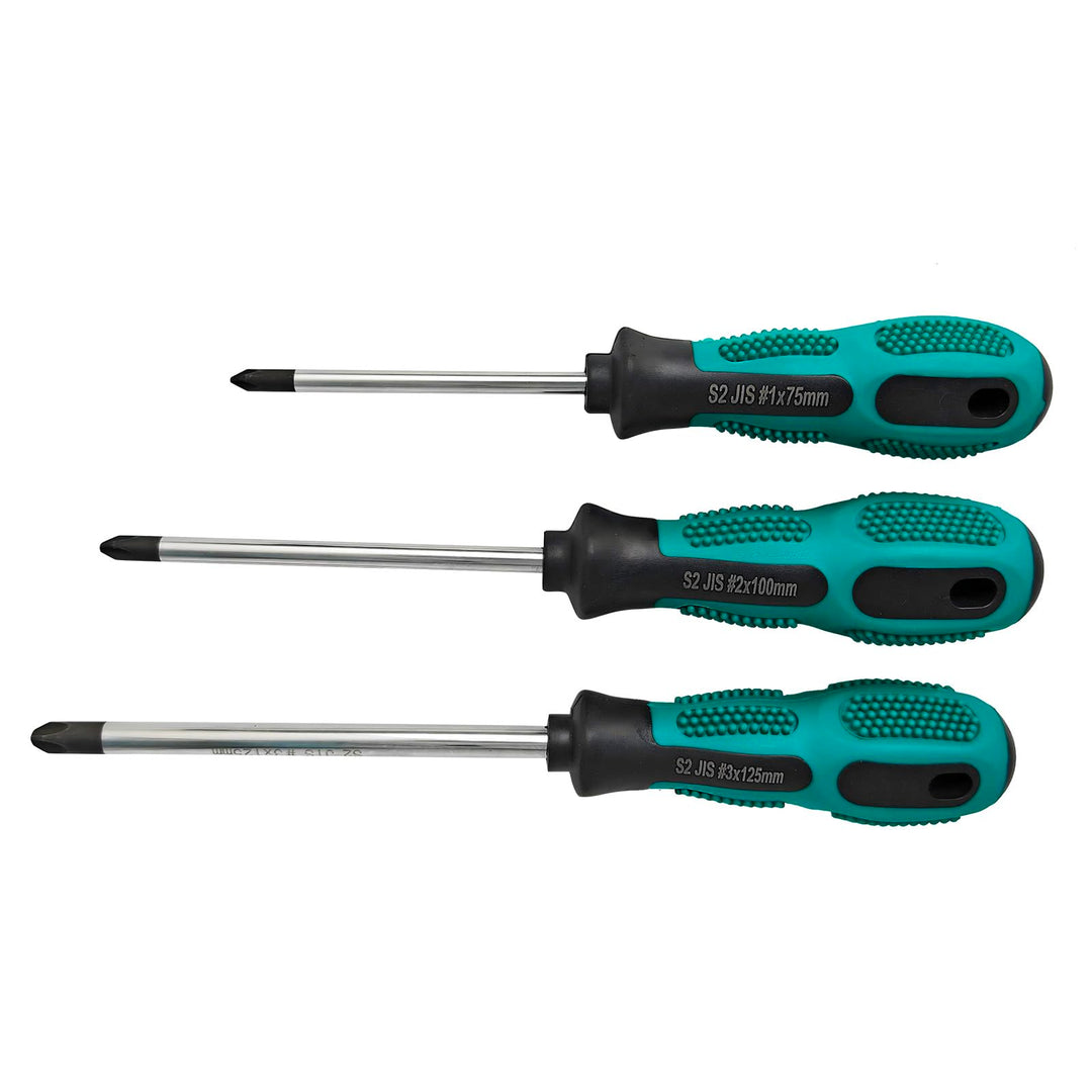 Schraubendreher-Set, JIS-Standard, 3-teilig (#1/#2/#3), S2-Stahl, Magnetische Spitzen, Rutschfeste G