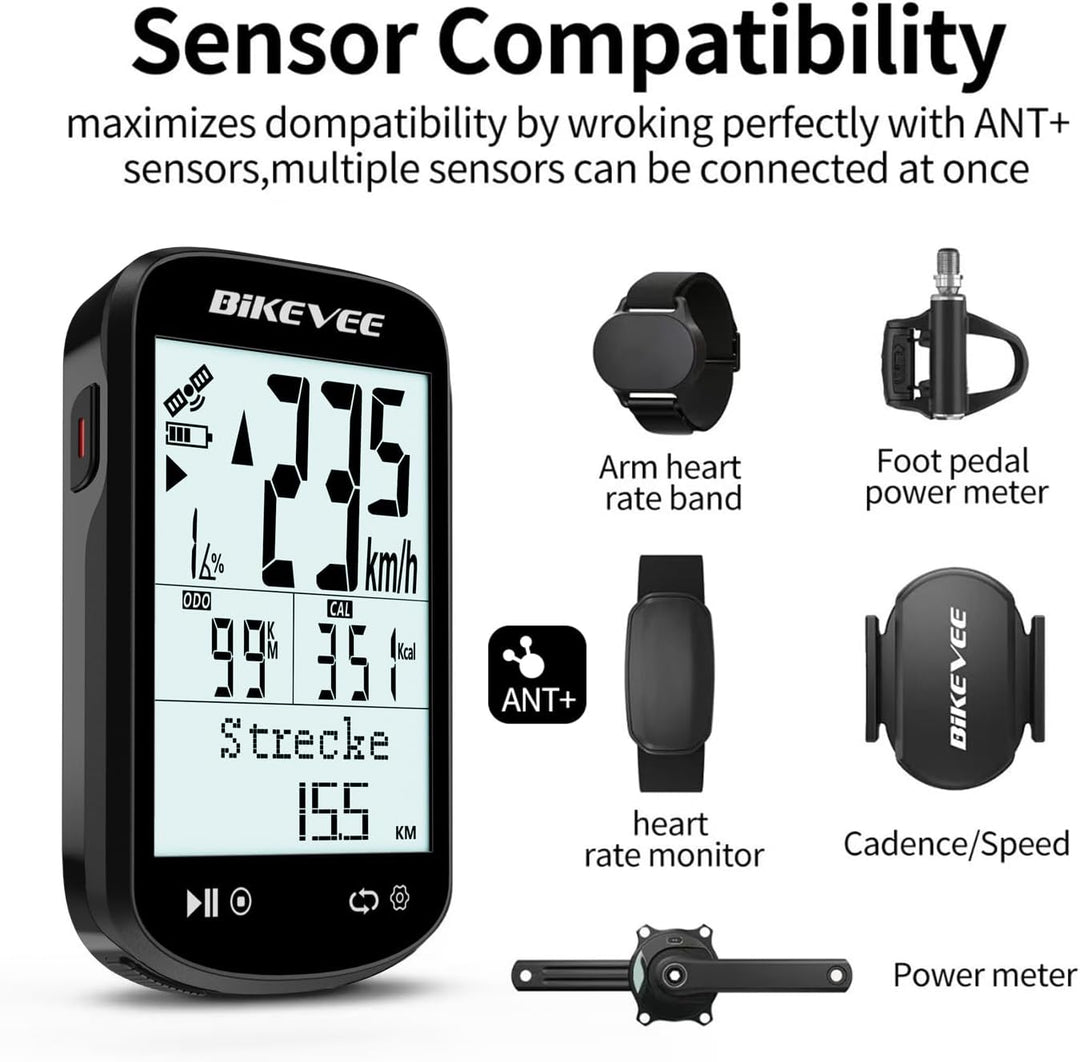 GPS Fahrradcomputer Kabellos ANT+ Bluetooth 2.6'' Glasdisplay 50H Akku Schwarz-AB【Doppelhalterung】,