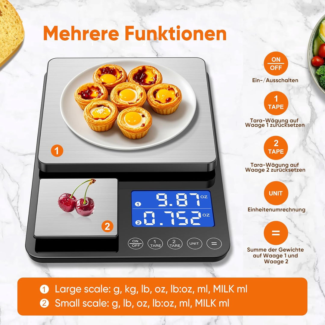 BRICH Digitale Küchenwaage mit Dual-Plattform, 15kg/1g & 500g/0.01g Präzisionswaage mit Tara- & Summ