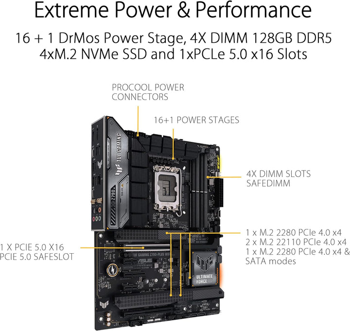ASUS TUF Gaming Z790-PLUS WiFi Mainboard Intel Z790 LGA 1700 ATX (PCIe 5.0, Four M.2, 16+1 DrMOS, DD