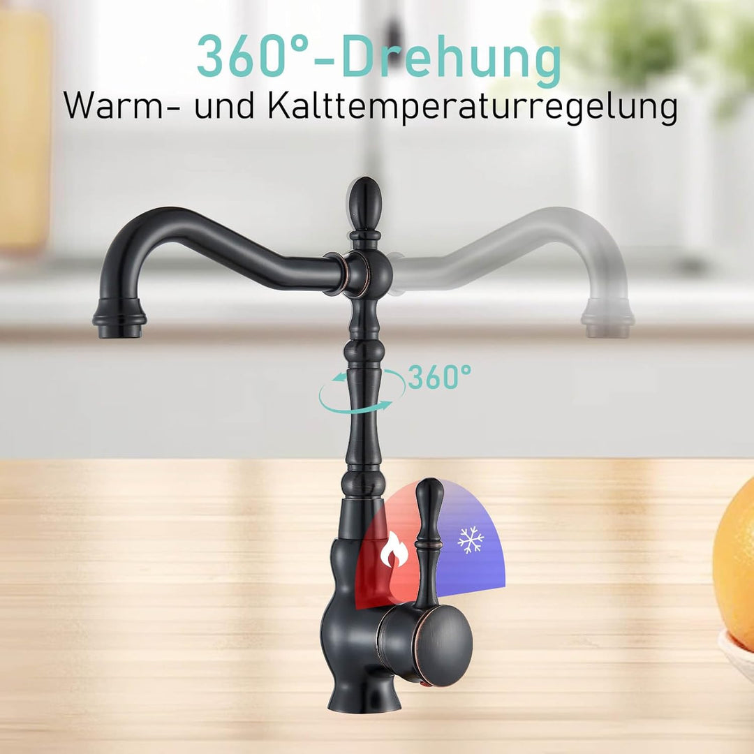 Suguword Schwarz Antikes Retro Einhebelmischer Bad Wasserhahn Waschtisch Armatur mit 360 ° schwenkba