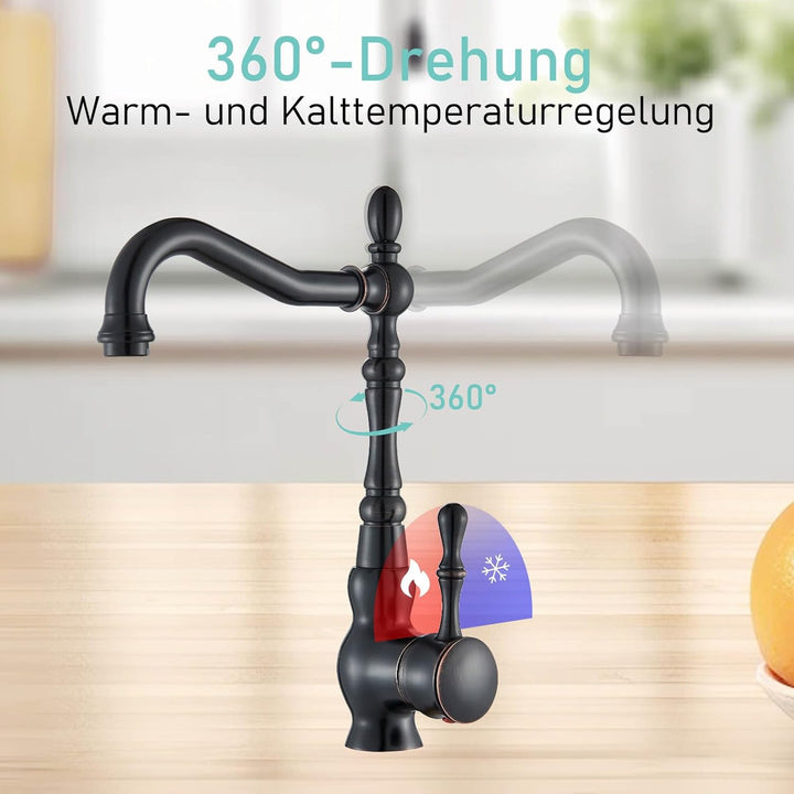 Suguword Schwarz Antikes Retro Einhebelmischer Bad Wasserhahn Waschtisch Armatur mit 360 ° schwenkba