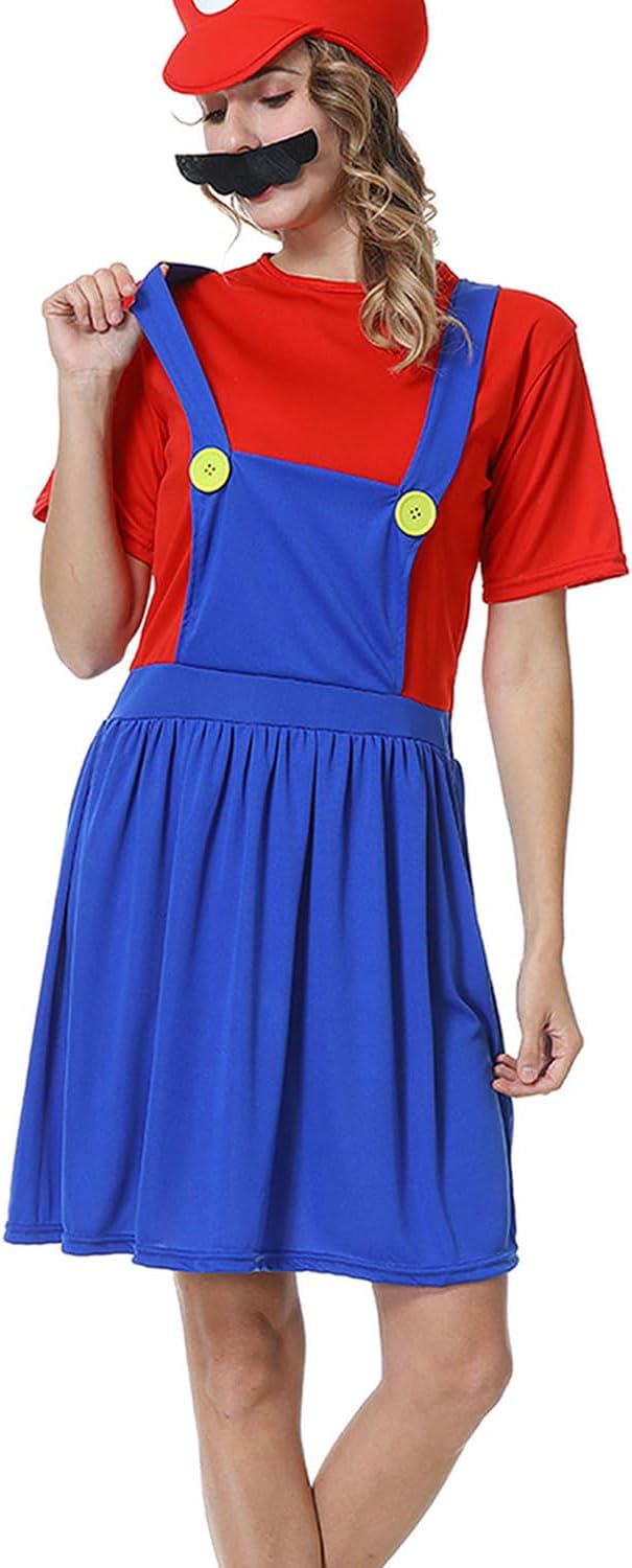 VISVIC Cosplay Kostüm Super Brothers Klempner, Kostüm mit Bodysuit, Cap und Schnurrbart, Karneval Ha