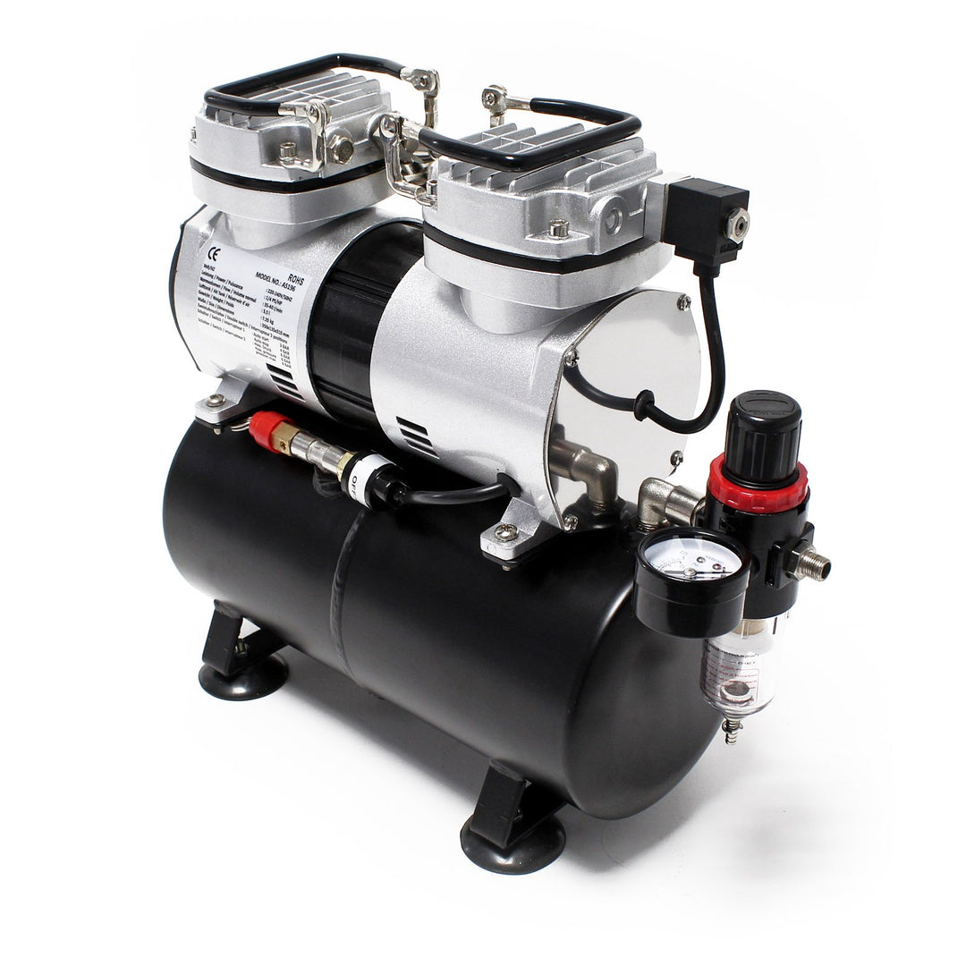 Airbrush Kompressor AS196 mit Lufttank 2 Zylinder Kolben 6 bar Abschaltautomatik