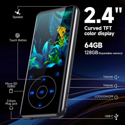 64GB MP3 Player Bluetooth 5.3, HiFi Musik Lossless Sound, Metallgehäuse Built-in HD Speaker，Touch-Ta