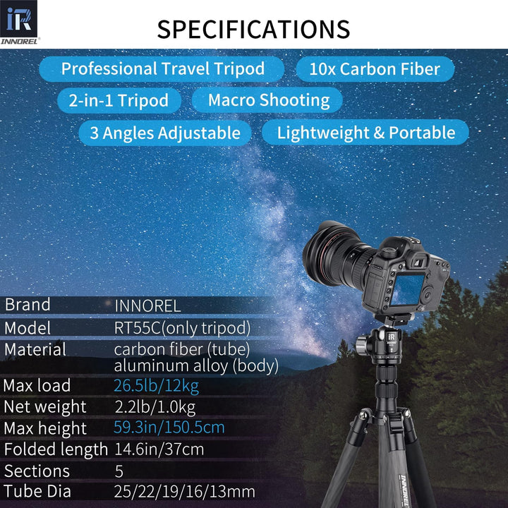 INNOREL RT55C Tragbares Karbonfaser-Stativ für DSLR-Kamera, Video, maximale Höhe 150 cm, maximale Be