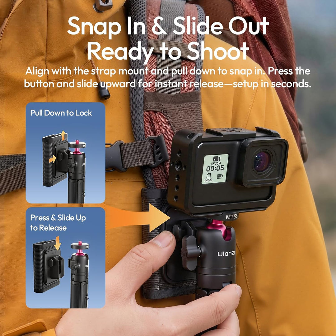 ULANZI MT55 SnapGo Mini Stativ & Selfie Stick, 4-in-1: Mantis/Rucksackgurt/Selfie/Stativ, 360° Kugel