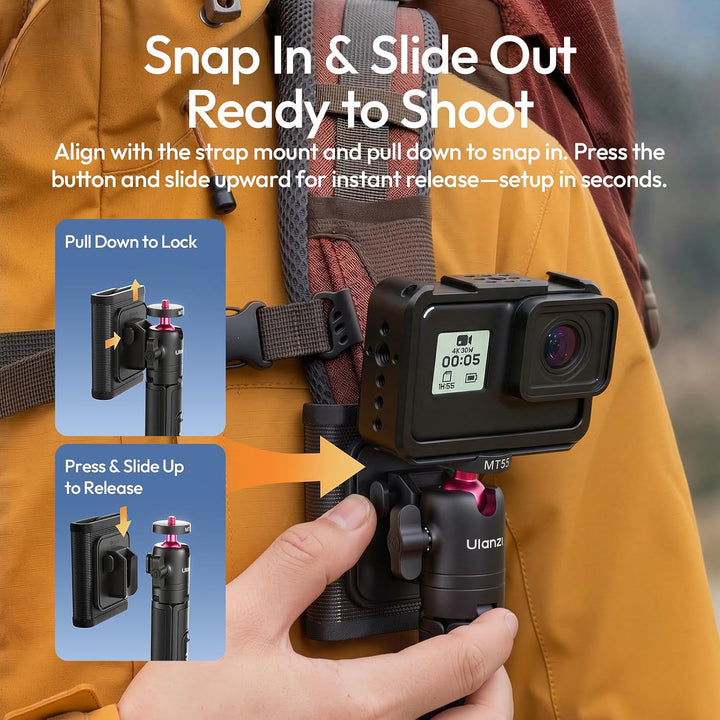ULANZI MT55 SnapGo Mini Stativ & Selfie Stick, 4-in-1: Mantis/Rucksackgurt/Selfie/Stativ, 360° Kugel