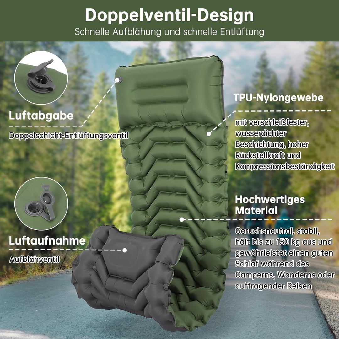 HAUSPROFI Isomatte Camping, Ultraleicht Camping Luftmatratze mit Fusspumpe & Kissen, Aufblasbare Mat