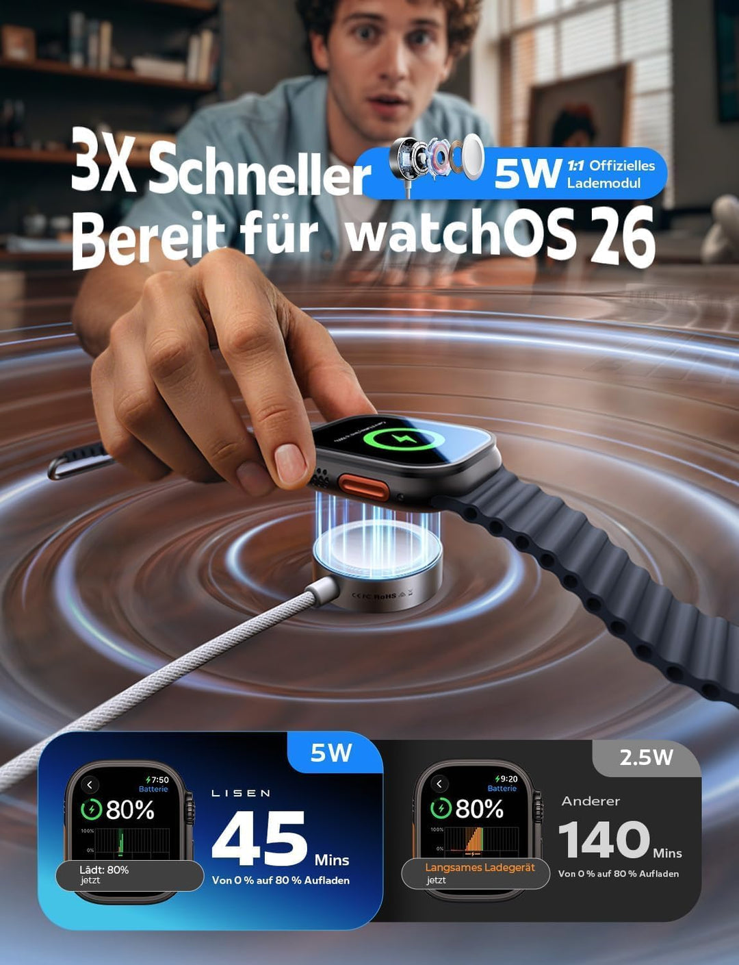LISEN 5W für Apple Watch Ladekabel, Magnetisch Schnelles Gewebte USB C Schnellladekabel für Apple Wa