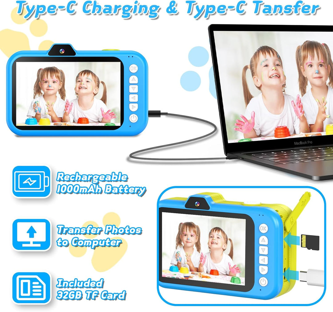 Kinderkamera mit 360°Rotierendes Zoomobjektiv, 3,5" Grosses Display, Kinder Kamera mit Selfies, LED-
