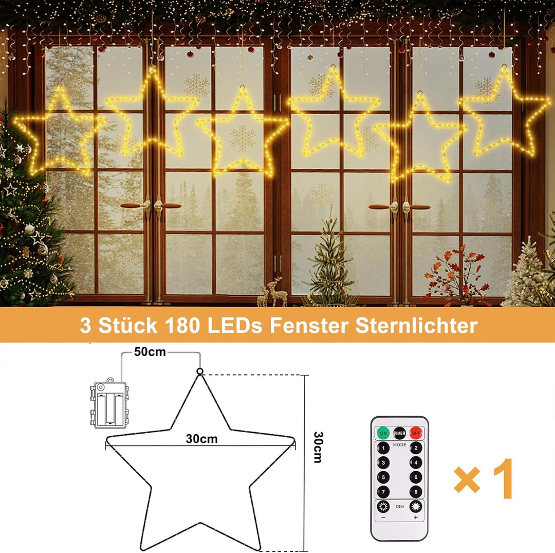 CCILAND Batteriebetrieben Weihnachten Beleuchtet LED Stern Lichter Fensterdeko Warmweiss,3 Stück 180