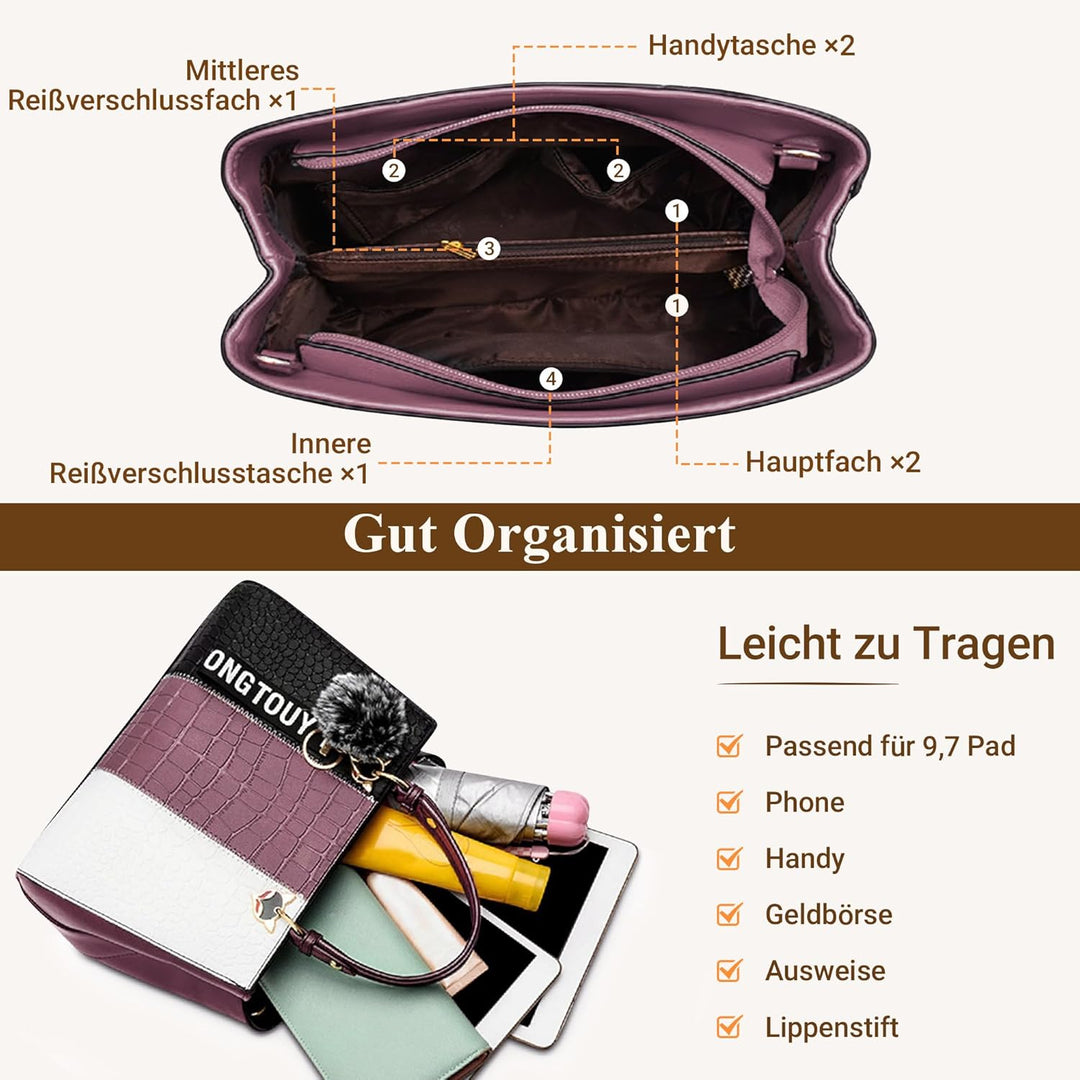 DIRRONA Elegant Damen Handtasche Farbblock Design Schultertasche Gross Kapazität Umhängetasche Beilä