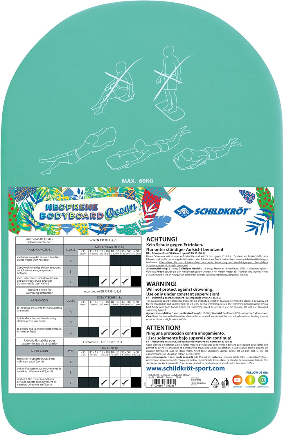 Schildkröt Neopren Schwimmbrett Ocean, Verschiedene Designs wählbar, stromlinienförmig und sehr grif