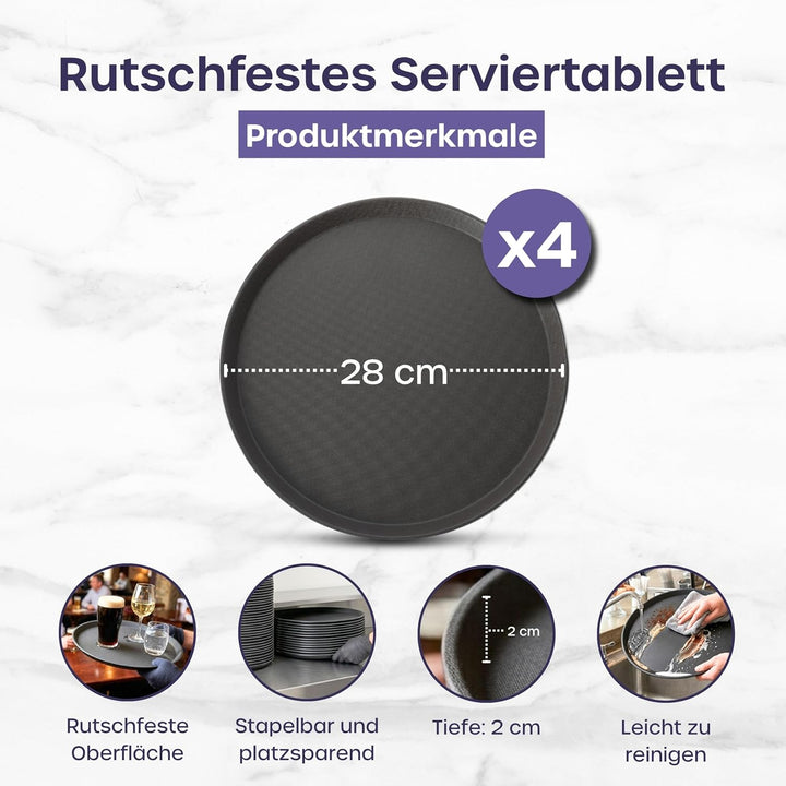 volila Rutschfestes Schwarzes Tablett Serviertablett Rund (4 STK. à 28 cm) - Rundes Tablett Ideal al