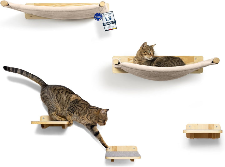 WOOWOOD® Kletterwand Katzen inkl. 2X Katzentreppe Wand [Massivholz] I Kratzbaum Wand I Hängematte Ka