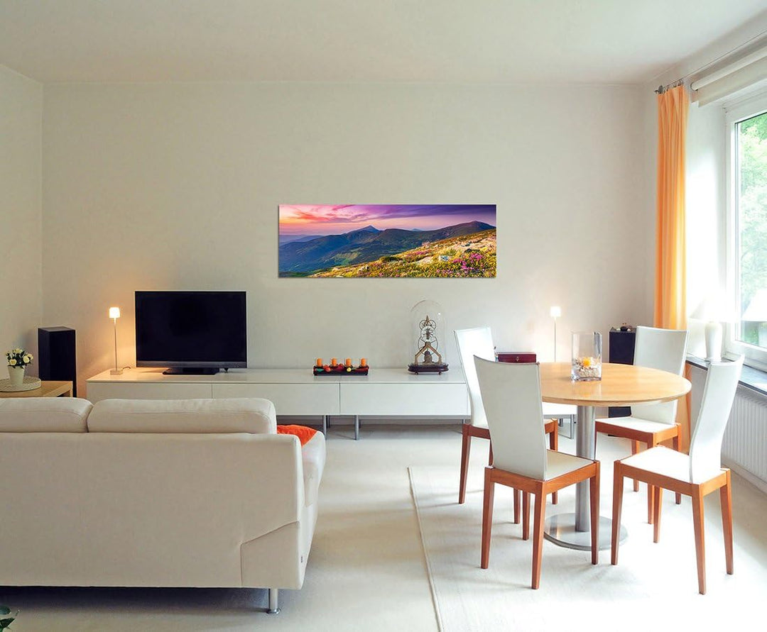 Paul Sinus Art Panoramabild auf Leinwand und Keilrahmen 150x50cm Ukraine Berge Blumenwiese Abendrot