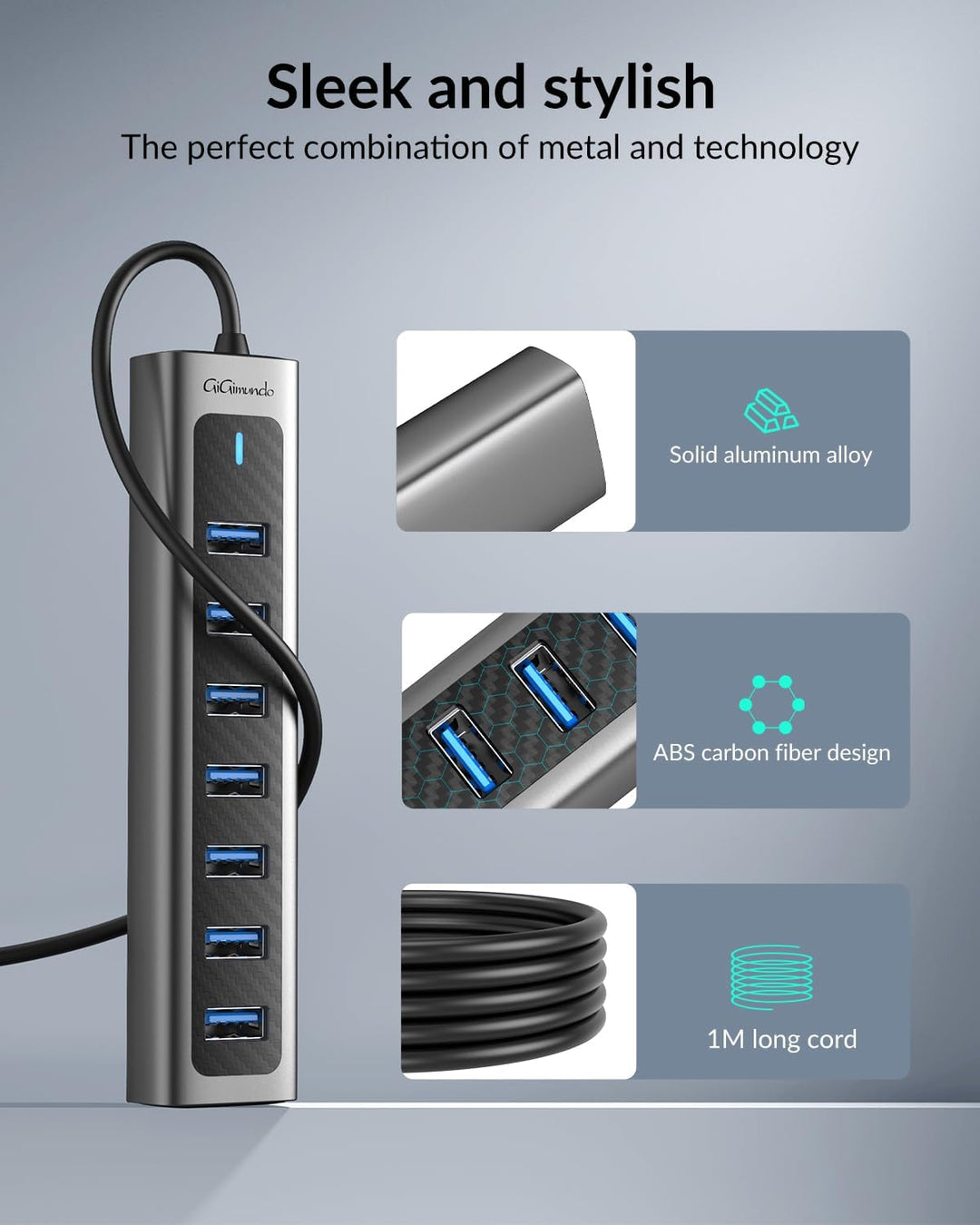 GiGimundo GM7U 7 Port USB HUB 3.0 Aluminium, 1.8M Lang Kabel mit 5V/3A Type-C Stromeingangsanschluss
