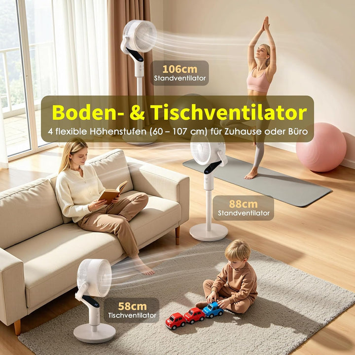 Standventilator sehr leise, 20 dB Ventilator leise mit 80°+100° oszillierend, 58–106 cm Höhenverstel