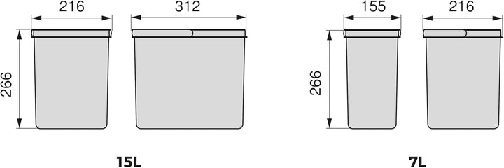 Emuca - Recycle Behälter für Küchenschublade, Höhe 266, 2x15L + 2x7L, Anthrazitgrauer Kunststoff, Ku