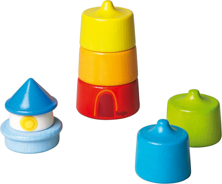 HABA 300170 - Stapelspiel Leuchtturm, Motorikspielzeug zum Sortieren von Grössen und Farben, Holzspi
