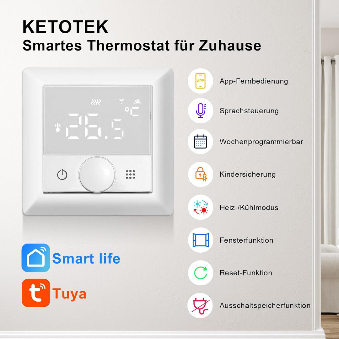 KETOTEK Smart Thermostat Fussbodenheizung Elektrische 16A, WiFi Raumthermostat Fussbodenheizung Wand