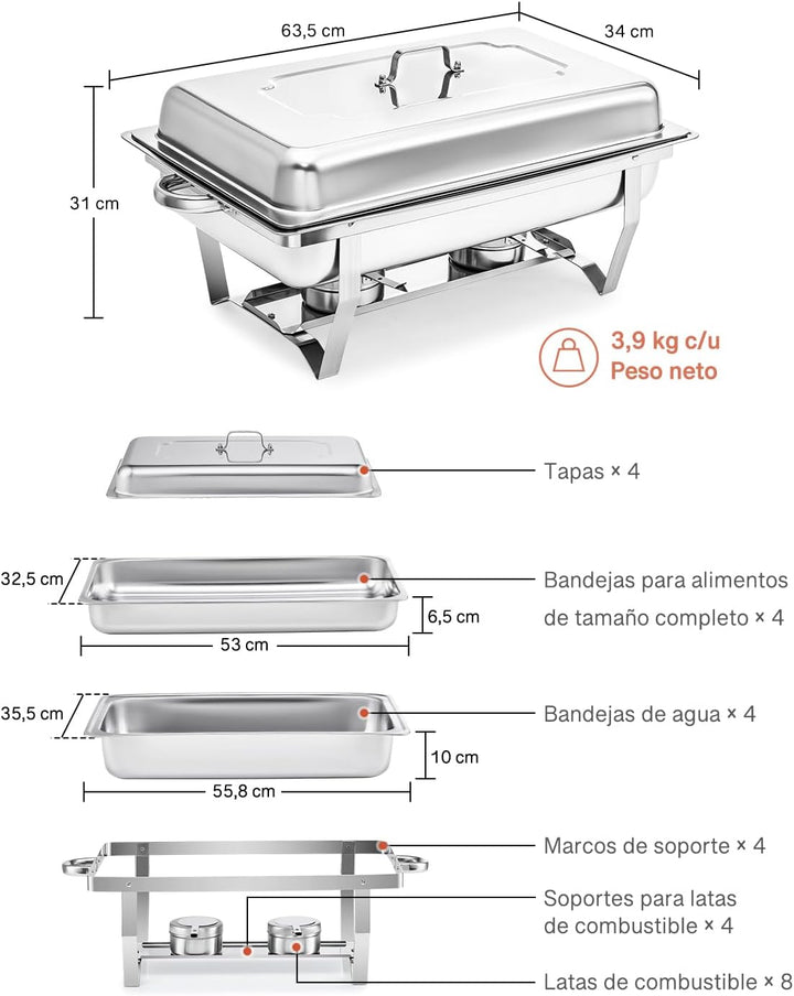 Wilprep Chafing Dish Speisewärmer 9L 4pcs Edelstahl Warmhaltebehälter Wärmebehälter Edelstahl Buffet