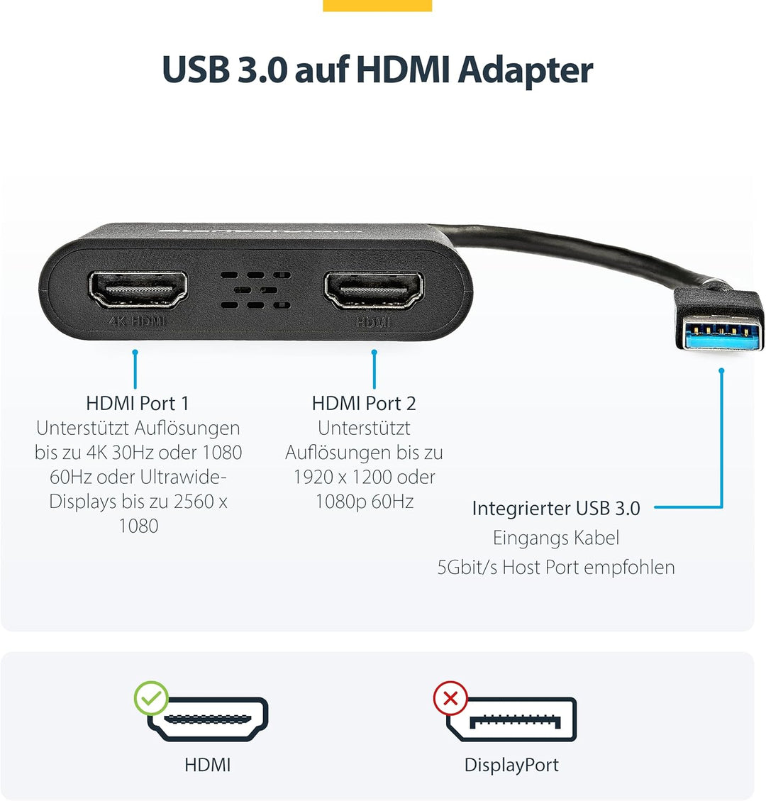 StarTech.com USB 3.0 auf Dual HDMI Adapter - 1x 4K 30Hz &amp; 1x 1080p - Externe Video- und Grafikkarte