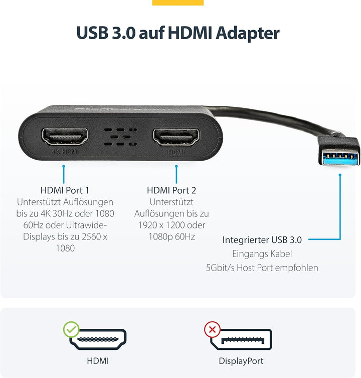 StarTech.com USB 3.0 auf Dual HDMI Adapter - 1x 4K 30Hz &amp; 1x 1080p - Externe Video- und Grafikkarte