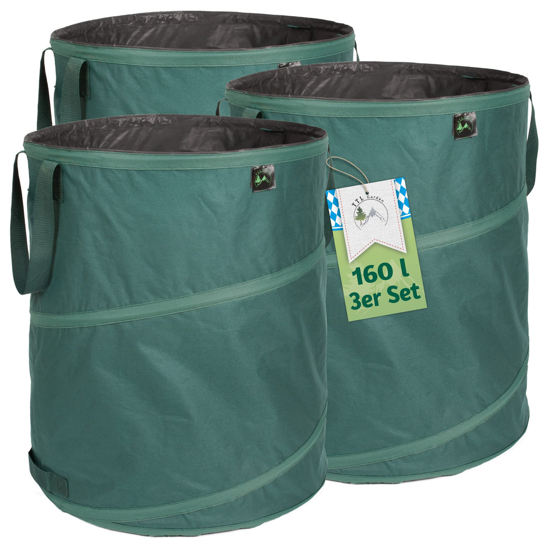 TTL Garden 3x 160L Premium Pop Up Gartensack - 220gsm 600D Oxford 3er Set 160 Liter Gartenabfallsack