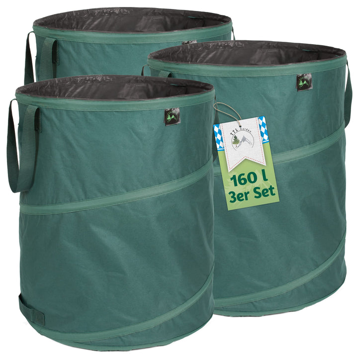 TTL Garden 3x 160L Premium Pop Up Gartensack - 220gsm 600D Oxford 3er Set 160 Liter Gartenabfallsack
