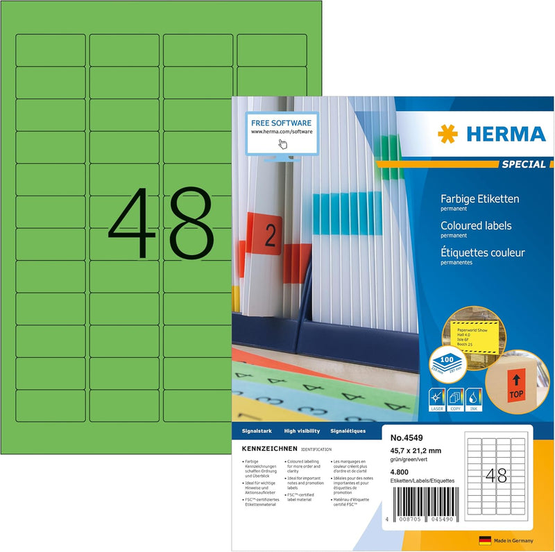 HERMA 4549 Farbige Etiketten grün, 100 Blatt, 45,7 x 21,2 mm, 48 Stück pro A4 Bogen, 4800 Aufkleber,