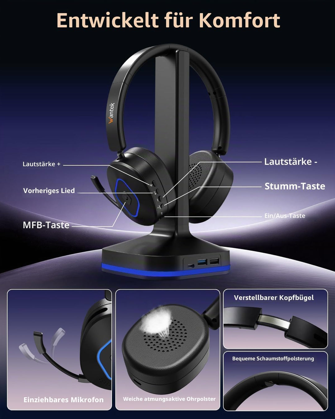 Wantek Kabelloses Bluetooth-Headset mit Mikrofon mit Geräuschunterdrückung, kompatibel mit Windows,