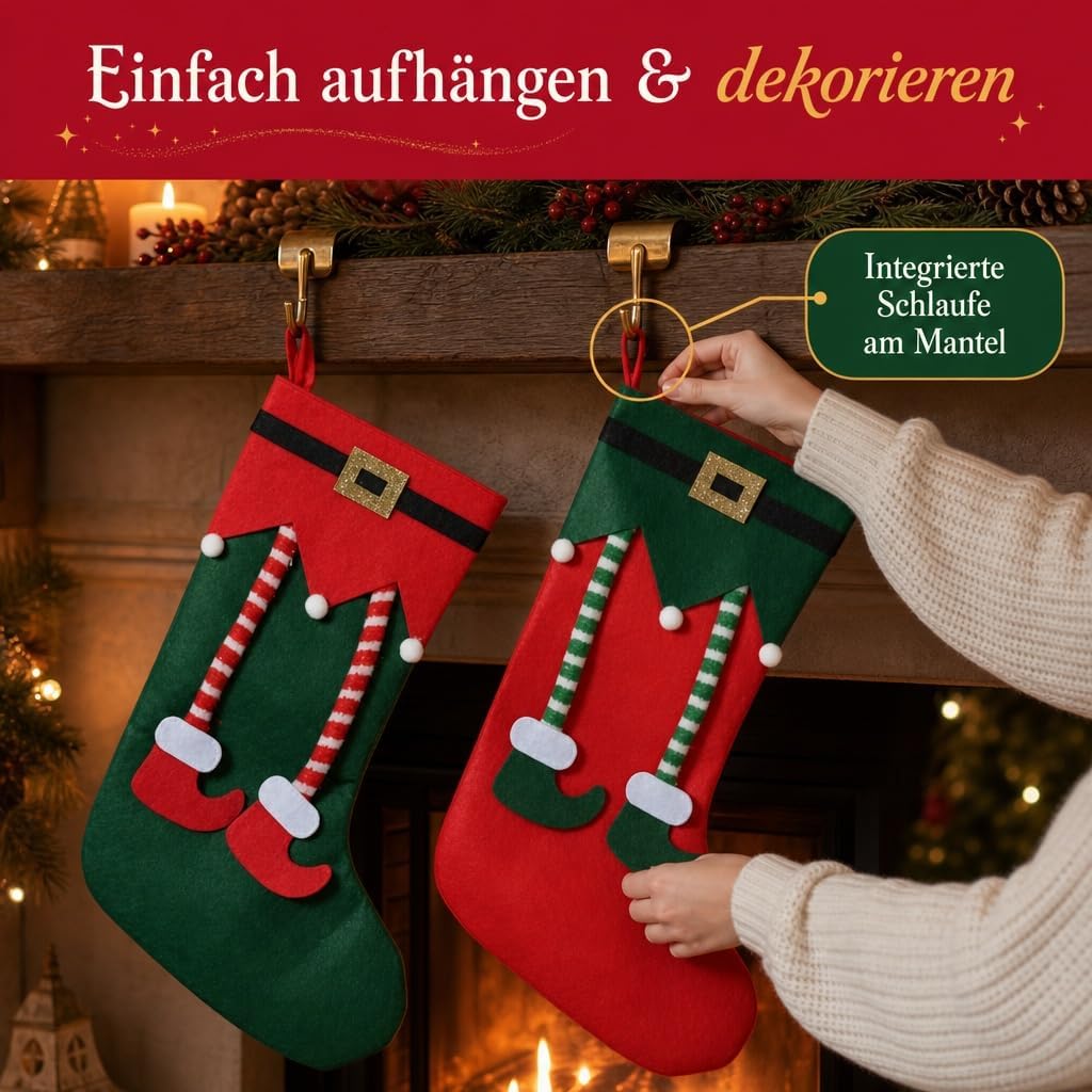 MIJOMA Weihnachtsstrümpfe 2er Set – dekorative Filz-Socken mit Elfen-Design zum Befüllen &amp; Aufhängen