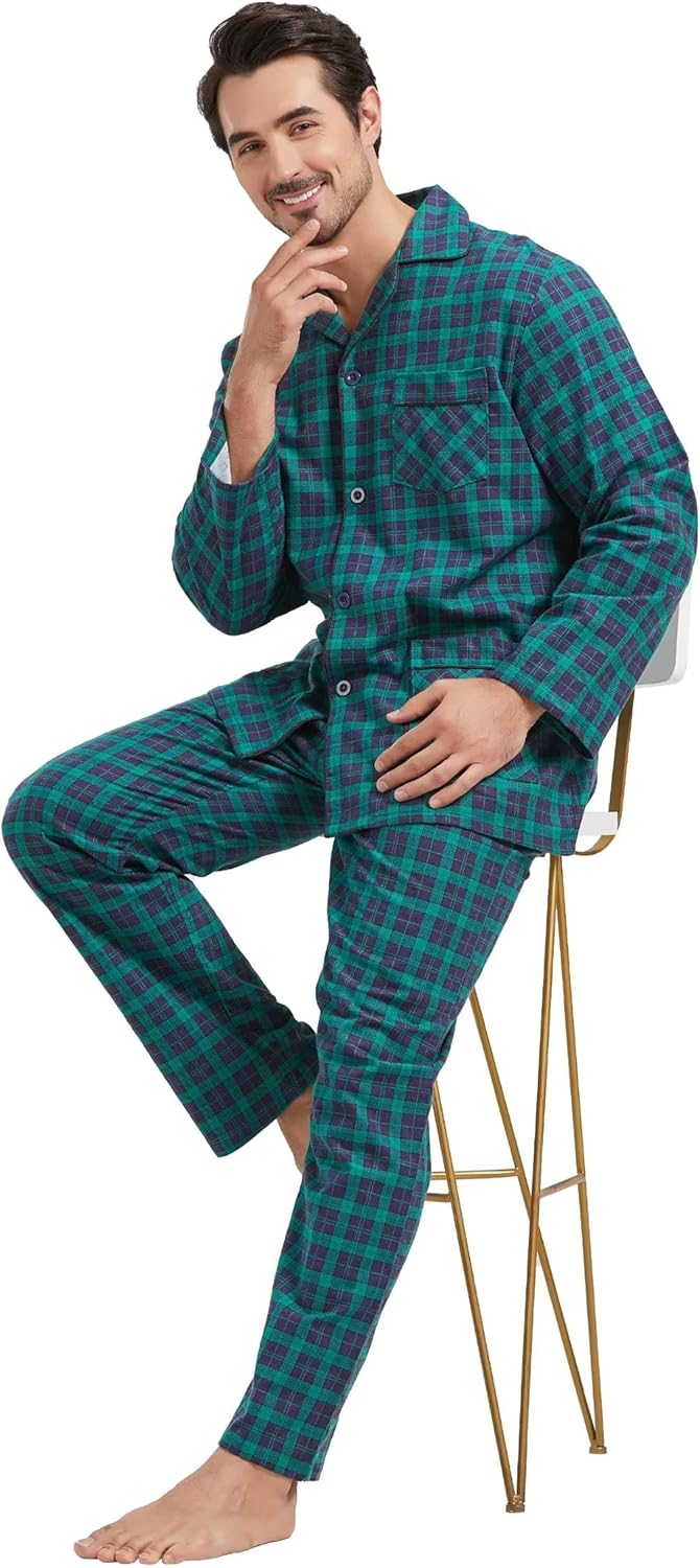 Amaxer Flanell Schlafanzug Herren 100% Baumwolle Pyjama mit Knopfleiste Set Lang Warmer Winter Schla