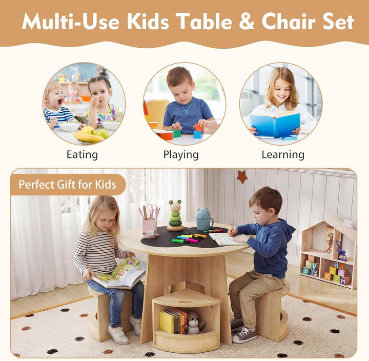 FANTASK 5-TLG. Kindertisch Stuhl Set Rund, Holztisch mit 4 Stauraumhockern, Maltisch für Kinderzimme