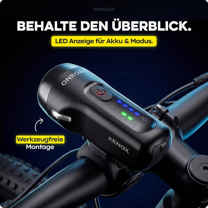 LED Fahrradlicht Set XENOX mit Bremslicht, 14h Akkulaufzeit &amp; USB-C aufladbar - Fahrrad Licht vorne