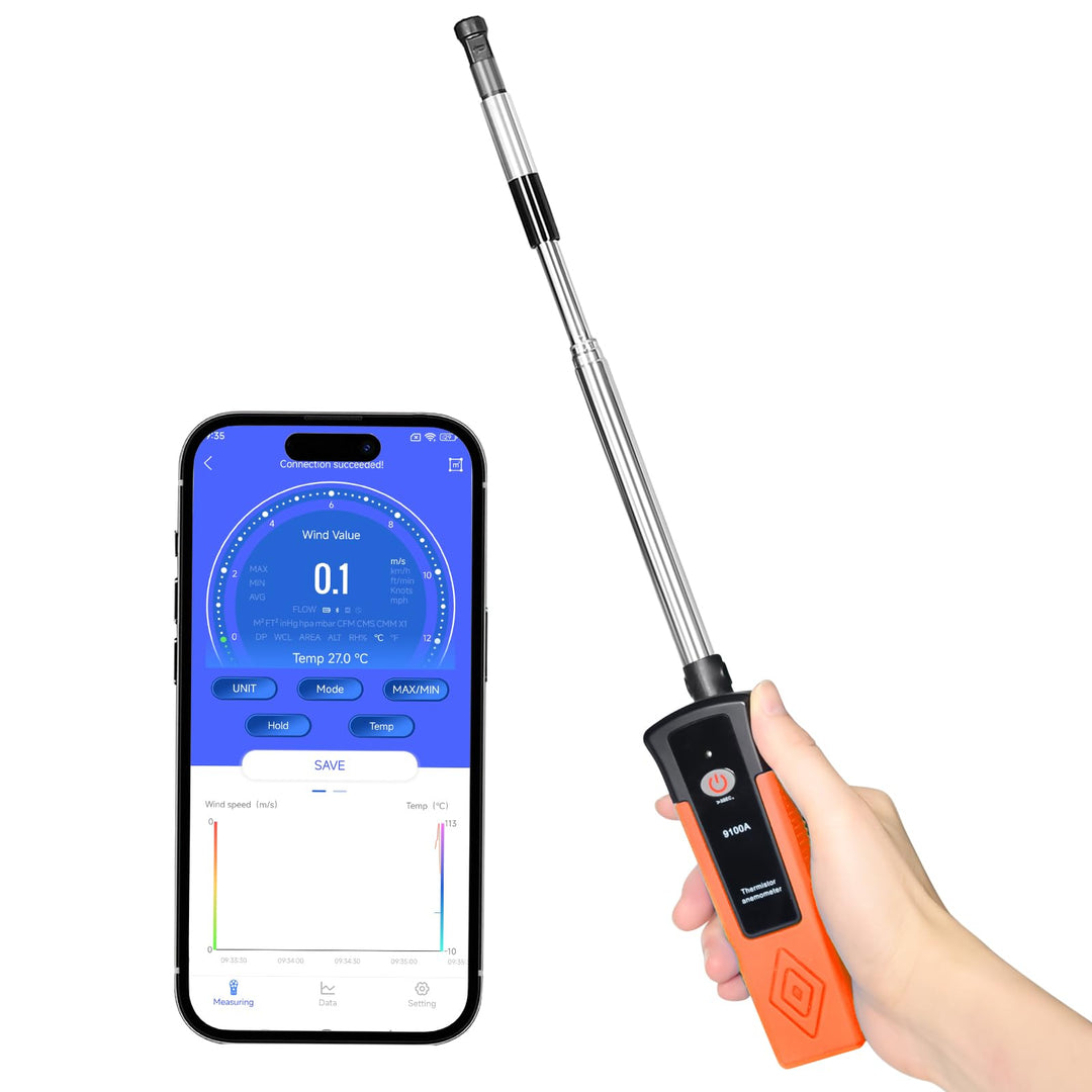Heissdraht-Anemometer, Thermischer Anemometer mit 40 m/s und Bluetooth, Ausziehbare Stange 320–650 m