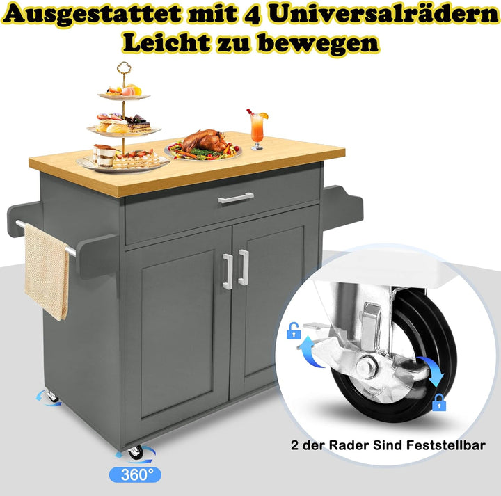 HENGMEI Küchenwagen, Kücheninsel Küchen Wagen mit Rollen, 1 Schubladen, 2 Ebenen Schrank, mit Handtu