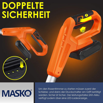 MASKO® Akku-Rasentrimmer mit 20 V Li-Akku, 2,0 Ah Akku und Ladegerät, Motorsense 26 cm Schnittkreis,