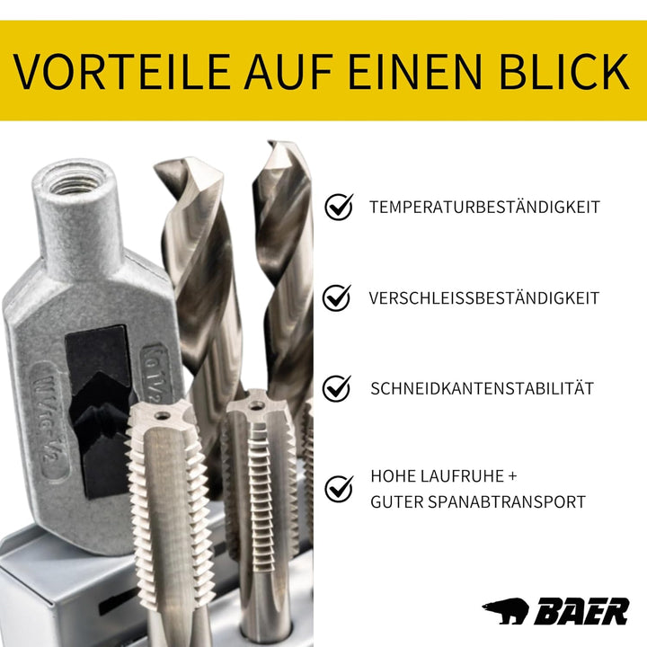 BAER Gewindeschneider Set HSSG: Einschnittgewindebohrer, Kernlochbohrer, Windeisen: M 3-12 - Gewinde