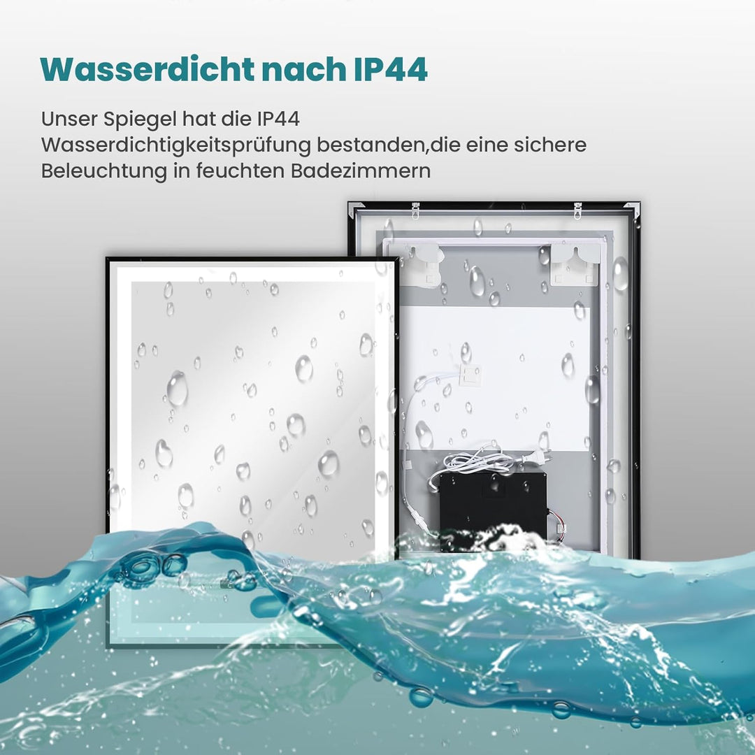 YOURLITE Badspiegel mit Beleuchtung 60x80cm, Badezimmerspiegel mit Beleuchtung LED mit Uhr, 3 Lichtf