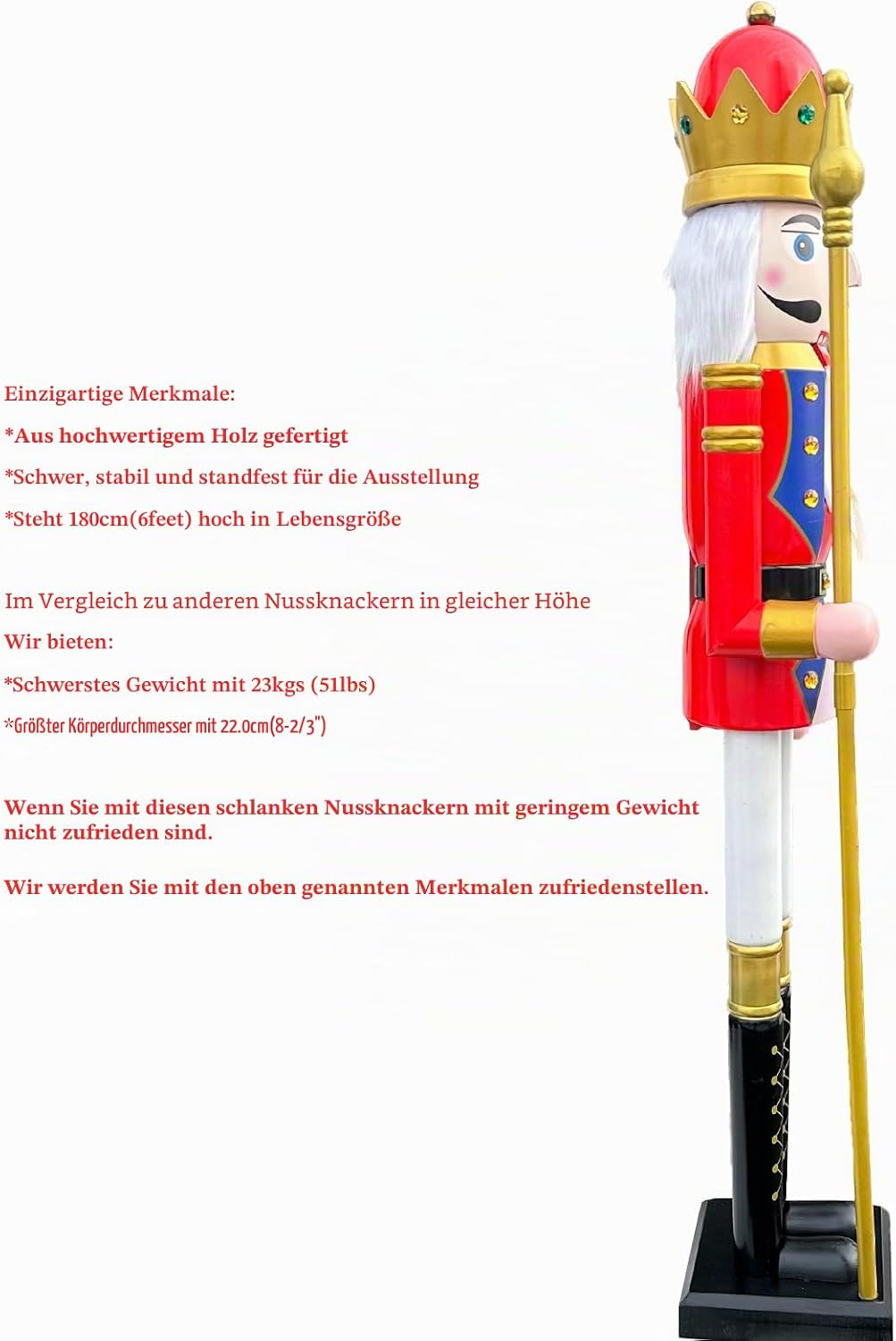 CDL 180cm hoch lebensgross gross rot Weihnachtsdekoration Holz Nussknacker König auf Ständer hält go